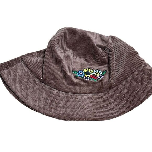 Lazy oaf women’s brown bucket hat corduroy chocolate brown floral embroidered